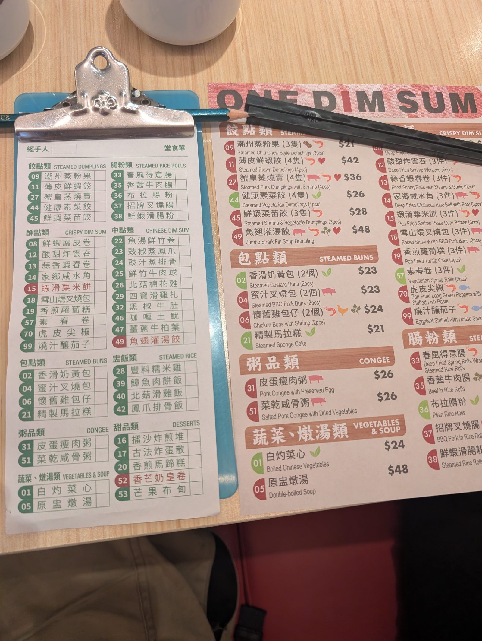 Ubiquitous Dim Sum menu, lots of options and no clue what they actually are (even when translated into English)