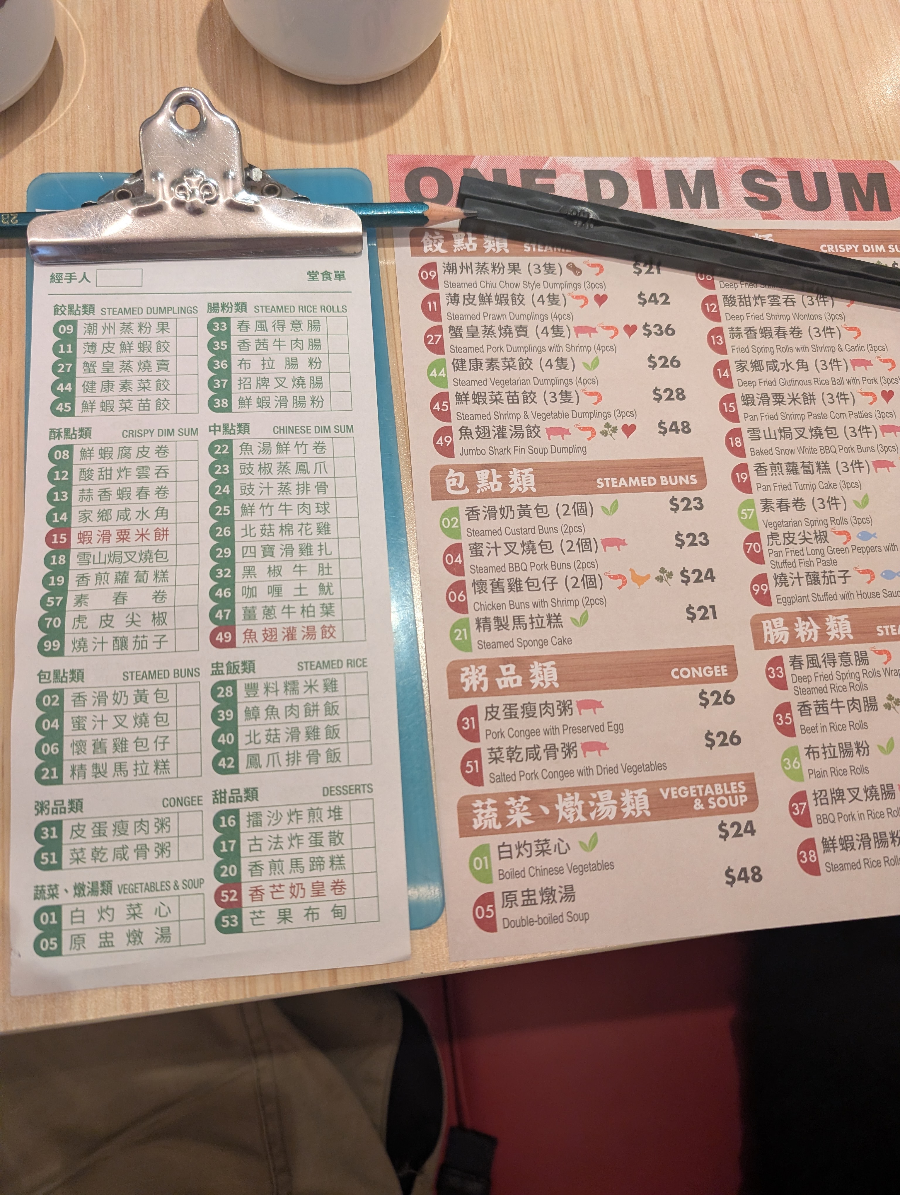 Ubiquitous Dim Sum menu, lots of options and no clue what they actually are (even when translated into English)
